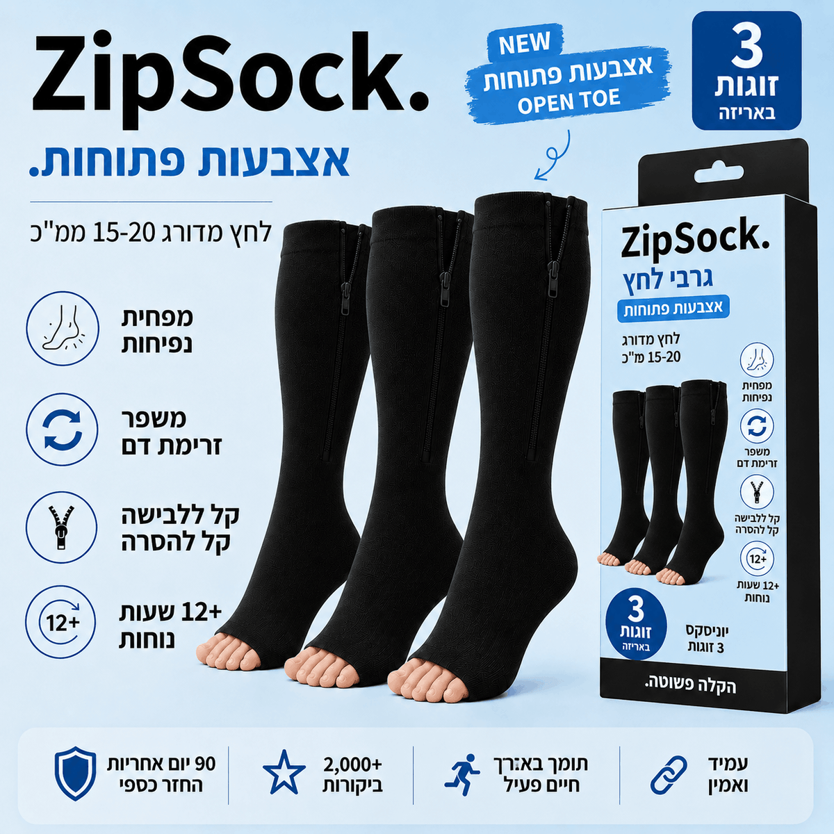 ZipSock אצבעות פתוחות – מארז 3 זוגות