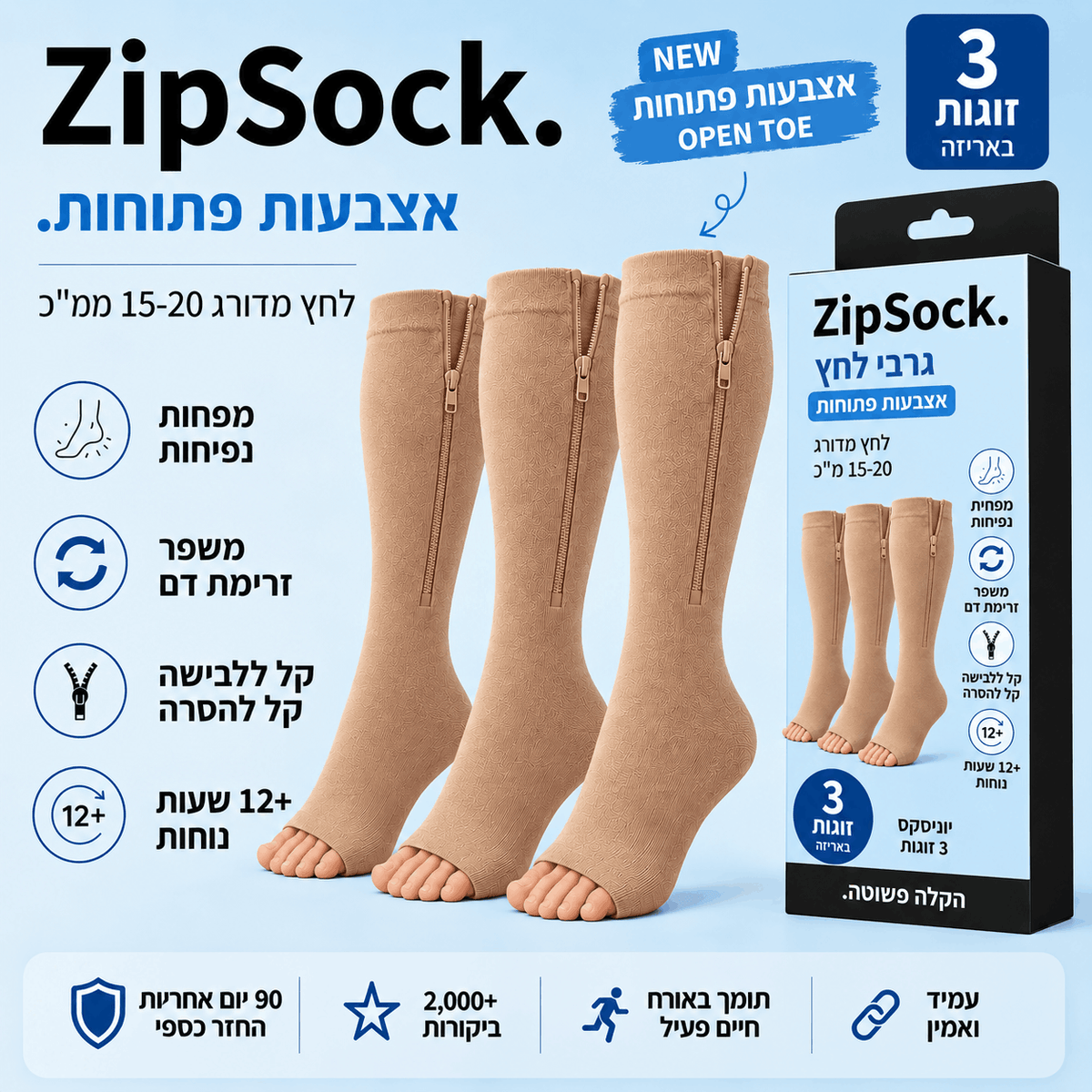 ZipSock אצבעות פתוחות – מארז 3 זוגות